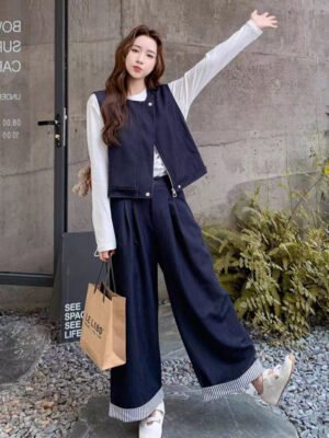 Denim Look Wool Dress with Lower jacket & Inner Korean Fabric