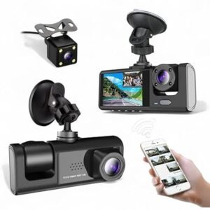 WiFi 3 Lens Car Dash Camera Smart DVR DashCam with Reversing Video Recorder | Front 1MP Camera, Inside & Rear 0.3MP VGA Camera | Connect to Phone Through App