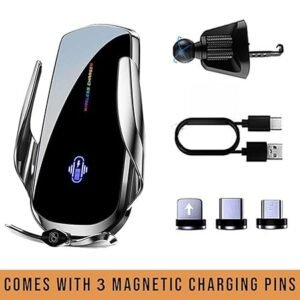 66W Wireless Car Charger with Auto-Clamping Mount – Fast Charging Mobile Holder with 360° Rotation – Compatible with iPhones & All Qi-Enabled Phones – Sleek Black Design