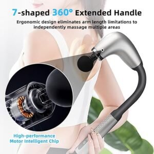 Massage Gun with Upgraded Extension Handle 9 Speed Levels 9 Modes Back Massager for Pain Relief Deep Tissue Muscles Neck Shoulders Waist Legs with 4 Massage Heads (Silver)