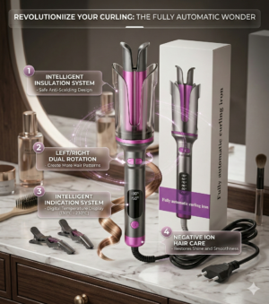 Automatic Rotating Hair Curling Iron, AEMOLL Beach Waves Curling Wand with 3 Temp, 500 Million Ionic, Dual Voltage & Lightweight for Travel (Pink)