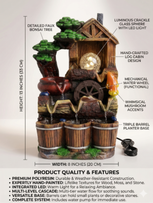 Enchanting Rustic Log Cabin Water Fountain with LED Sphere & Bonsai 13 inch height