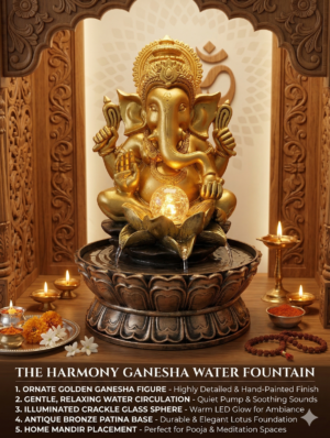 Divine Golden Ganesha Water Fountain with Illuminated Crystal Orb