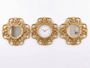 Ornate Golden Scrollwork: Gilded Baroque Wall Clock and Dual Mirror Trio