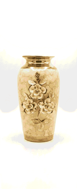 Marbleized Cream and Gold Ovoid Vase with Raised Gilded Gardenia Motif